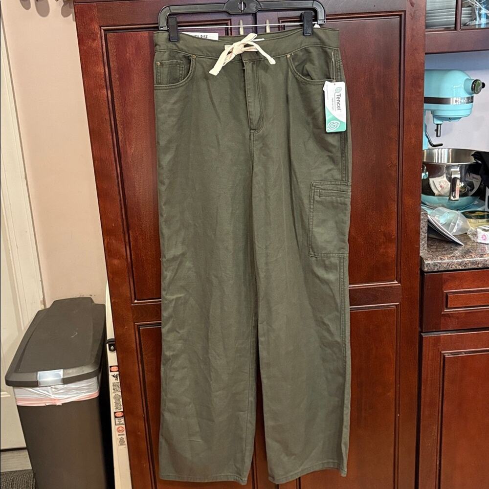 Kensie Olive Green Wide Leg Pants Drawstring Cotton Blend Size 8 NWT